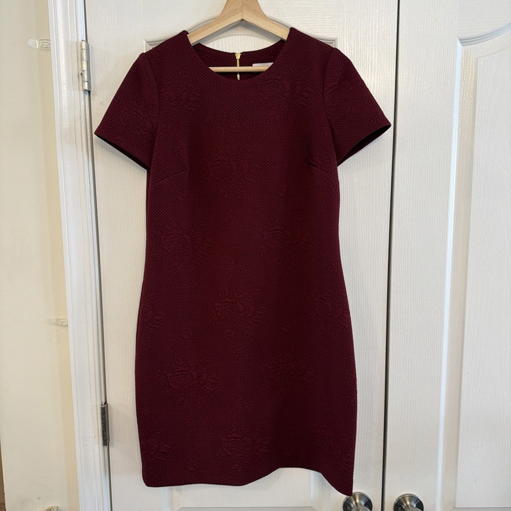 Calvin Klein Women's Sz 8 Sheath Dress Midi Short/Cap Sleeve Red Rose Floral Zip
